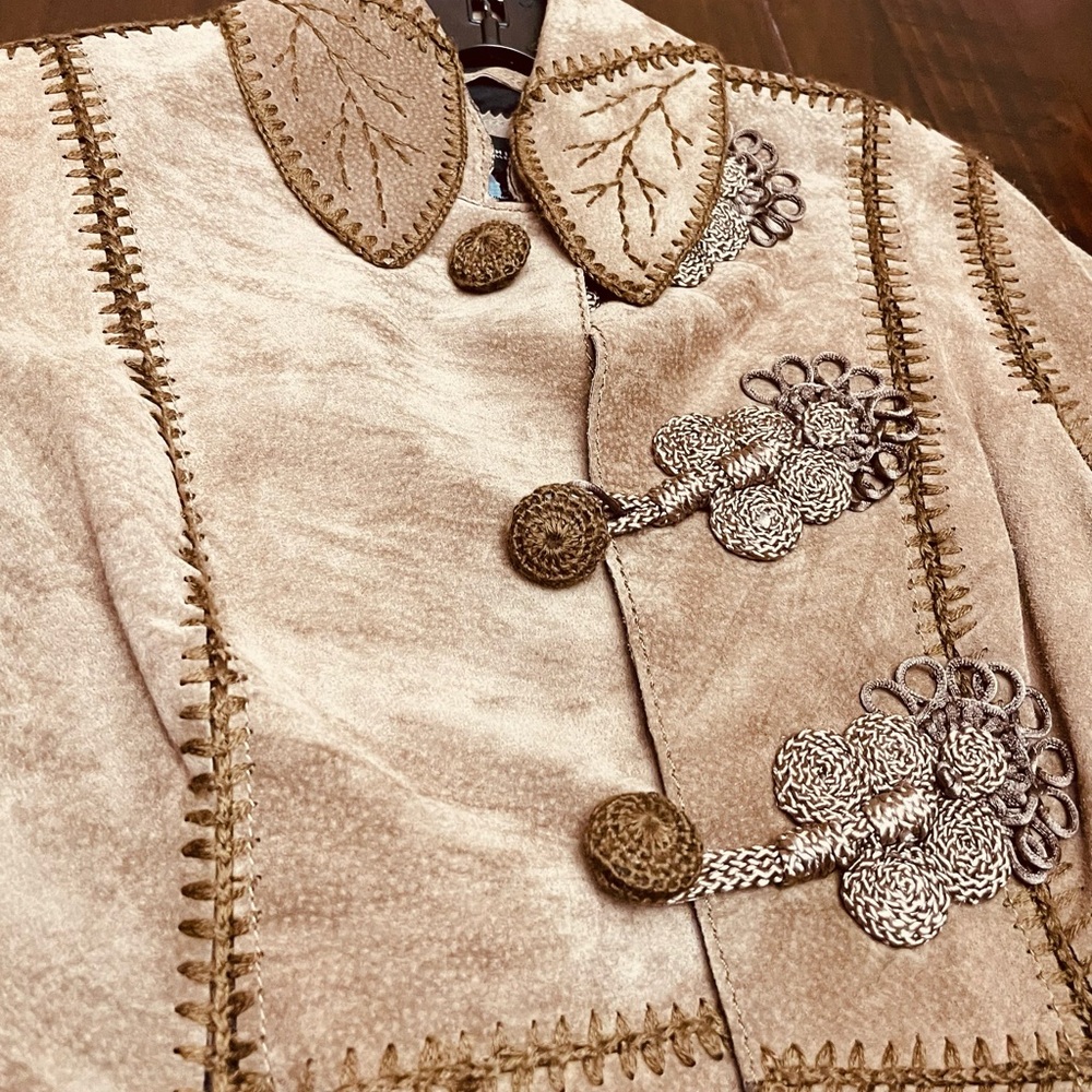 Women's Beige Suede Leather Jacket with Embroidered Detailing - Picture 1 of 15